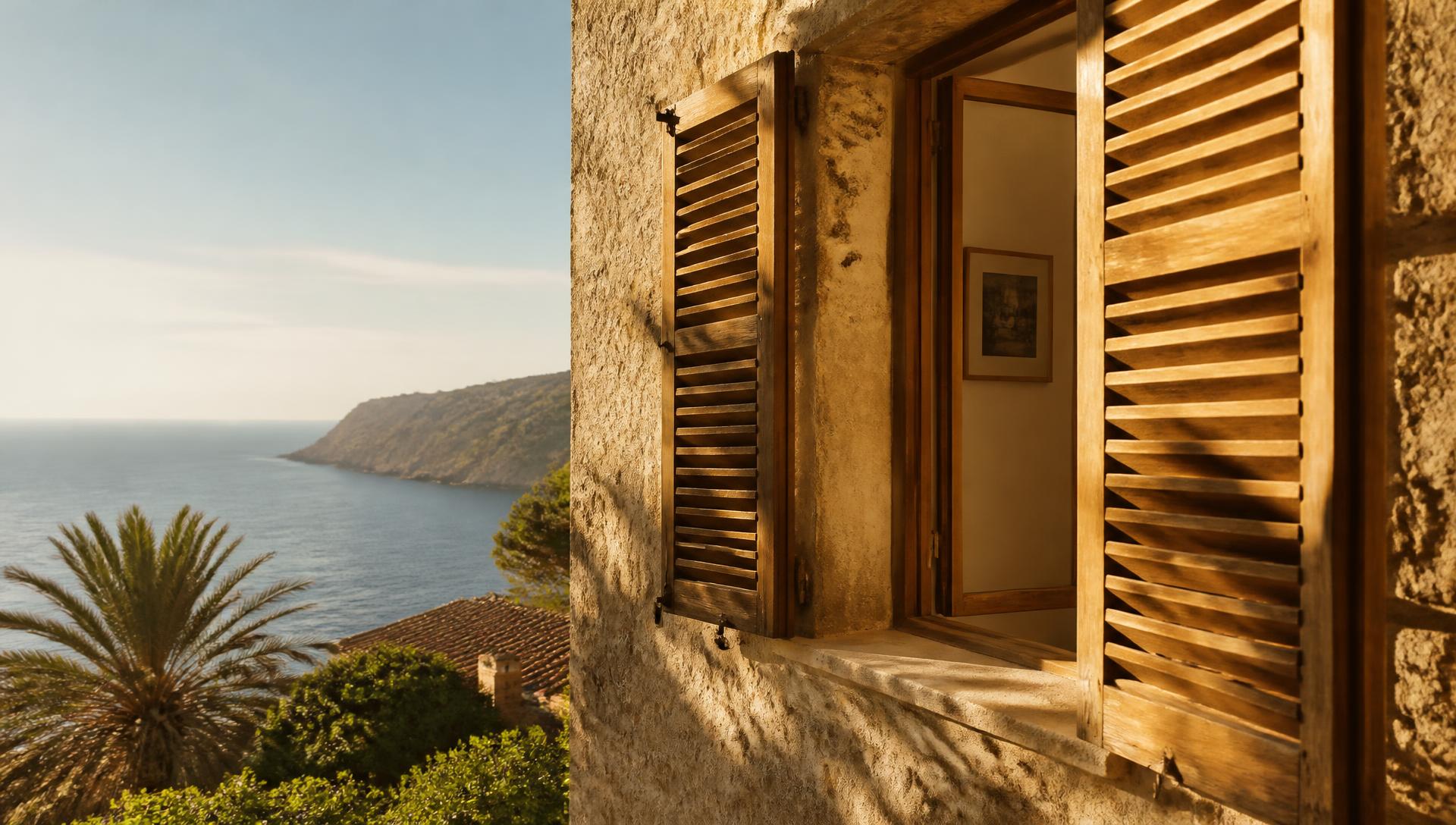 Morning light through wooden shutters onto a limestone wall above the Mallorcan coast